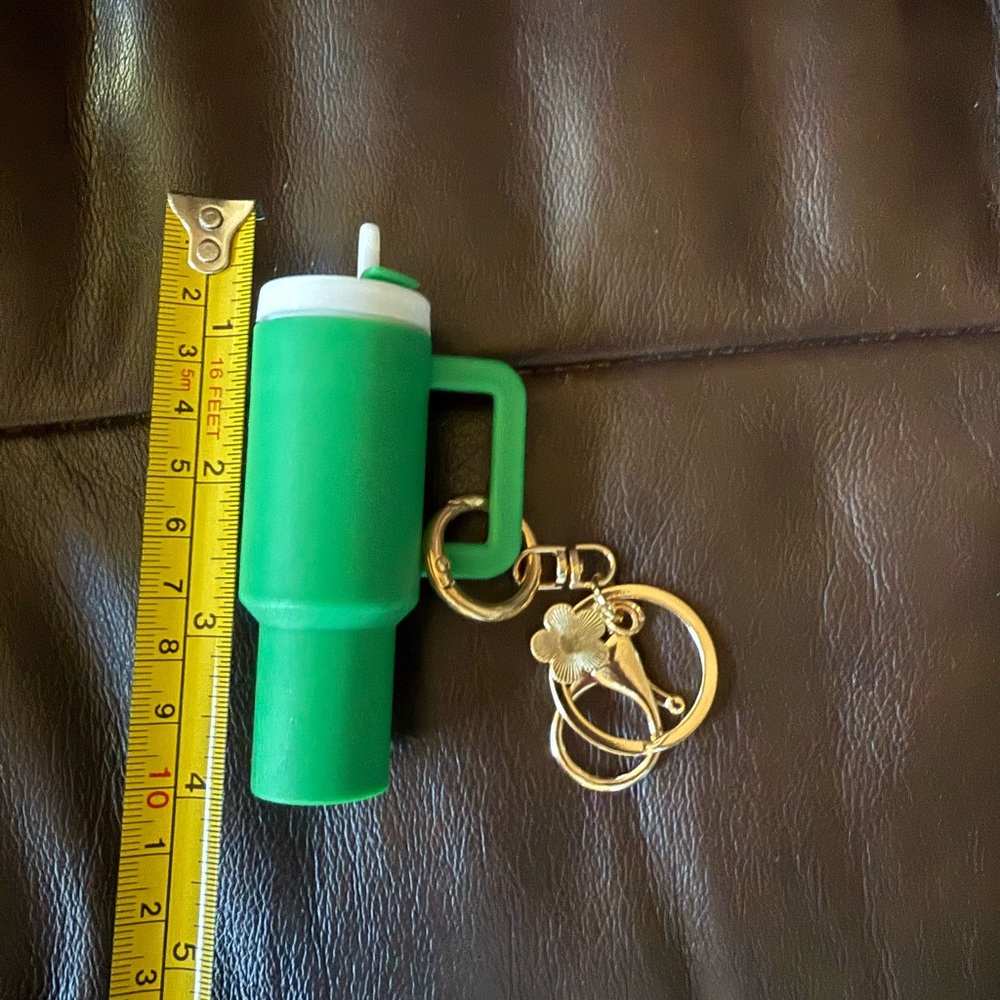Green Mini Stanley Keychain/Bag Charm with Removable Lid & Green Clover